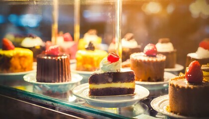  Vários bolos amostra para vender em um expositor com vidro em uma confeitaria. Destaque para o bolo de chocolate. - obrazy, fototapety, plakaty