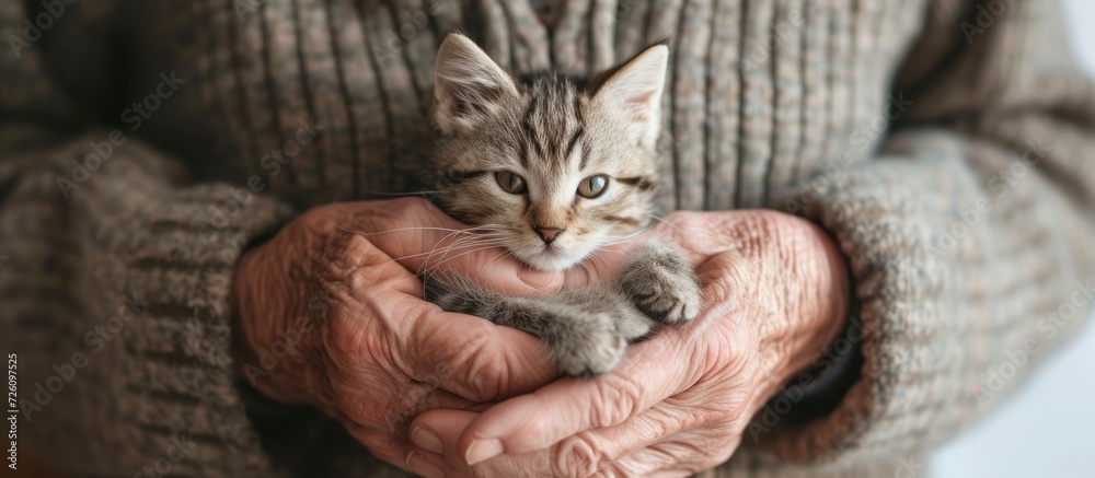 Canvas Prints A senior man cradles a tiny adorable cat in his palms.