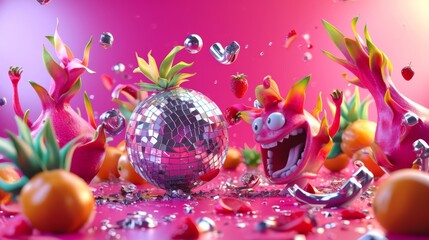 Silly cartoon characters trying to take a bite out of the alluring dragon fruit disco ball while dancing their hearts out.