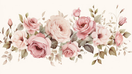 Fototapeta premium Pink rose flowers Bouquet watercolor on a White Background with Green Leaves for a wedding card, a Beautiful Floral Arrangement for a Romantic Wedding or Anniversary