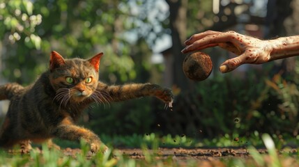A zombie cat with a missing eye is seen trying to play fetch with a human hand instead of a ball in a park much to the confusion of their living feline friends. - obrazy, fototapety, plakaty