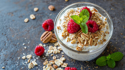 Delicious and healthy greek yogurt cup bowl with oat granola, mint, raspberries and pecans on a stone counter