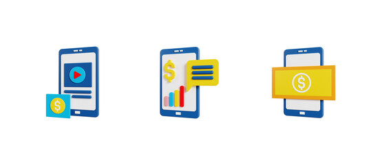 Mobile Application, Mobile Banking, Online Money. 3d icon illustration, digital marketing 3d set