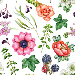 Garden flowers and natural elements seamless pattern. Watercolor illustration. Floral ornament on white background. Freesia, anemone, raspberry, ivy green leaves in garden floral seamless pattern