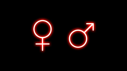 Male Femal neon icon on black background. Photo neon male symbol isolated icon illustration. Neon glowing icons of lesbian and homosexual gender - obrazy, fototapety, plakaty