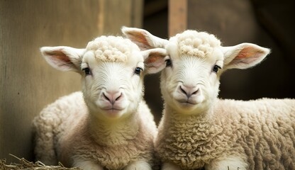 Naklejka premium cute newborn lambs on a farm - close up - early spring