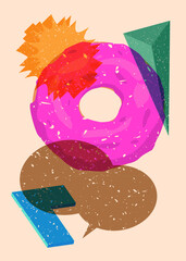 Risograph Doughnut, Sweet Food with speech bubble with geometric shapes. Dessert in trendy riso graph print texture style design with geometry elements.