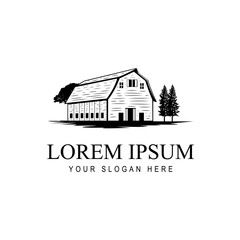 Farmhouse or barn vintage logo design. Countryside hand drawn silhouette logo. © Agus