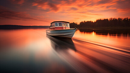 Beautiful sunset hues reflect on river accompanying a peaceful fishing boat scene
