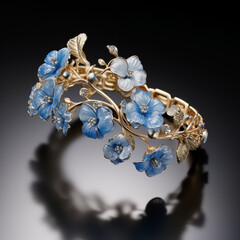 Gold Ring with Gold Leaves and Blue Flowers