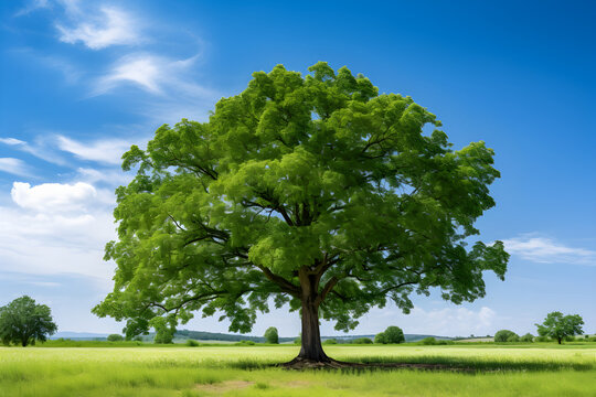 Majestic Elm Tree Dominating a Serene Green Landscape under a Clear Blue Sky