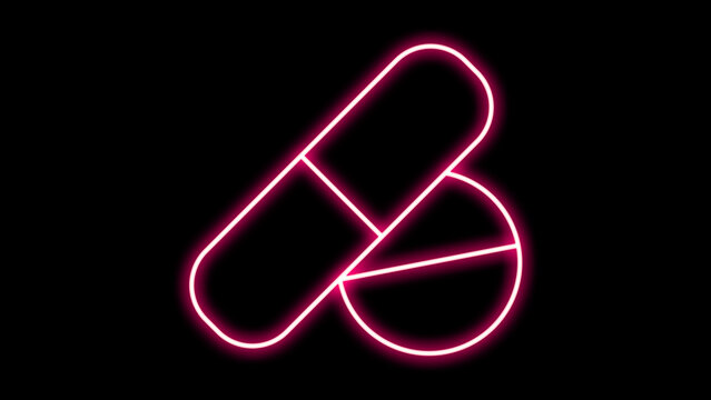 Pills or drugs in neon light on a dark background. Photo neon capsule pill tablet icon neon.
