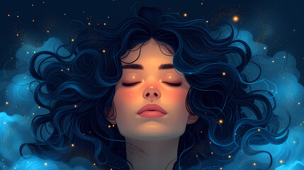 Serene woman cosmic meditation, celestial relaxation, peaceful mindfulness, ethereal beauty, calming yoga visualization, tranquil sleep aid