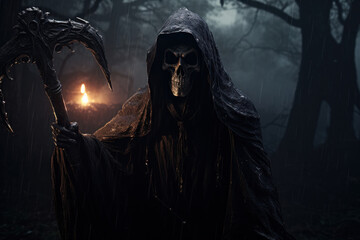 Fototapeta na wymiar A chilling grim reaper in the rain, a masterpiece of AI Generative darkness.