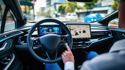 Interior shot from the driver perspective, showing a driver interacting with the high-tech hud hologram dashboard of an electric car
