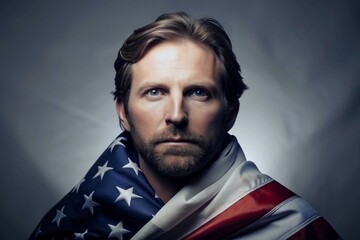 portrait of a man looking at the camera with american flag : independent day of america 