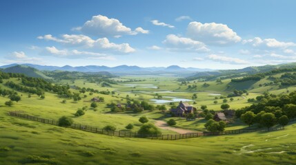 Fototapeta na wymiar Panoramic view of hill valley outdoor nature. Cloudy blue sky. Landscape field farming land.