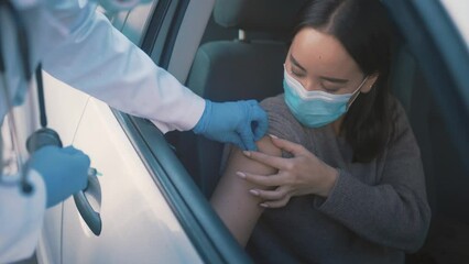 Doctor woman, car and vaccine arm injection for healthy immune system, virus treatment or covid disease protection. Medicine, health support and nurse with immunization syringe for patient driver