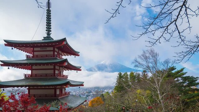 4K Timelapse of Mt. Fuji with Chureito Pagoda in autumn, Fujiyoshida, Japan.