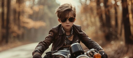 A stylish young boy on a vintage motorcycle with sunglasses, cruising through the woods. - obrazy, fototapety, plakaty
