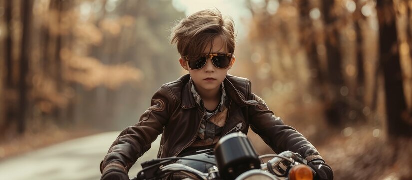 A stylish young boy on a vintage motorcycle with sunglasses, cruising through the woods.