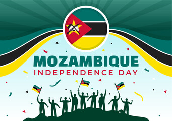 Obraz premium Mozambique Independence Day Vector Illustration on 25 June with Waving Flag and Ribbon in National Holiday Celebration Flat Cartoon Background