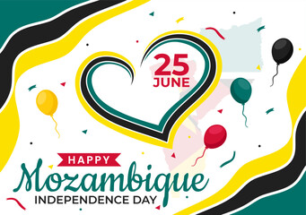 Mozambique Independence Day Vector Illustration on 25 June with Waving Flag and Ribbon in National Holiday Celebration Flat Cartoon Background