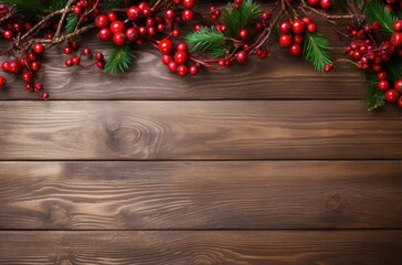 Wooden background with berries and fir branches.