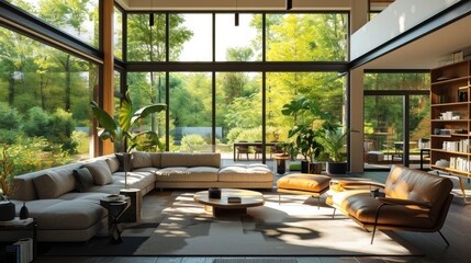 Interior view of a modern eco home with large windows for natural light, sustainable materials, eco-friendly furniture, and smart home automation