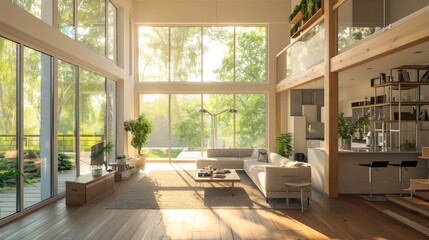 Interior view of a modern eco home with large windows for natural light, sustainable materials, eco-friendly furniture, and smart home automation