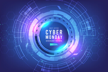 Futuristc technology Cyber Monday special offer. Hi-tech futuristic technology background. Sale banner template design.