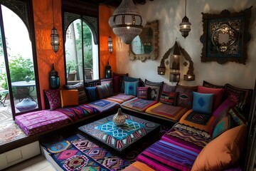 Immerse yourself in an exotic Moroccan-inspired lounge adorned with vibrant colors, inviting patterned cushions, and intricate ornate lanterns.