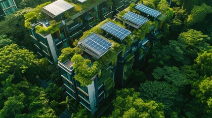 nnovative green building with sustainable architecture, showcasing solar panels and a green roof, surrounded by lush greenery