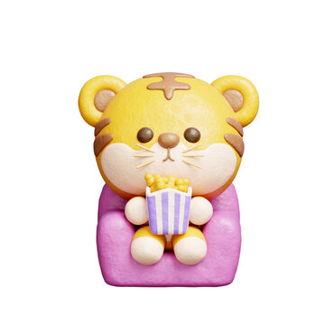 3D cute tiger watching a movie, Cartoon animal character, 3D rendering.