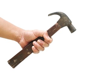 A male carpenter's hand is holding an old wooden-handled hammer used for hammering in woodwork. Isolated on a white background.	