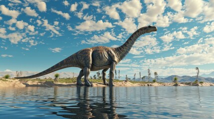 The gentle giant Diplodocus wades through the shallow oasis water ripples forming around its large and powerful body.