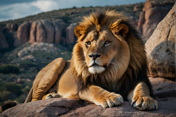 Fototapeta premium Big male lion lying on the ground in the forest at sunset.
