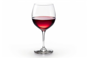 A crystal-clear wine glass holds a sophisticated pour of red wine, highlighted against a pure white background, perfect for culinary and lifestyle themes