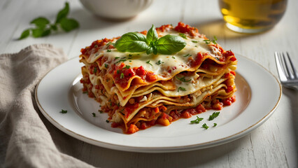 Envision the comforting sight of a vegetable lasagna arranged meticulously on a timeless plate, placed on a pristine white wooden table