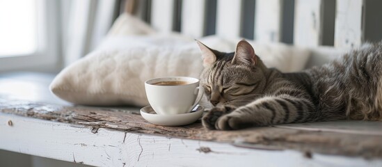 In a white cottage room, a cat rests on a rustic bench alongside a cup of coffee. - Powered by Adobe
