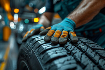 Close-up of a mechanic's hands with protective gloves inspecting the tread of a new car tire in a well-lit workshop, emphasizing safety and maintenance
