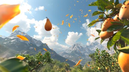 Fototapeta na wymiar A daring rac uses a giant mango as a hang glider soaring through the sky above Mango Mountain Peaks and leaving a trail of mango peel behind.