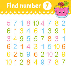 Find number. Education developing worksheet. Activity page with pictures. Game for children. Funny character. cartoon style. Vector illustration.
