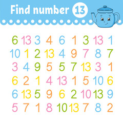 Find number. Education developing worksheet. Activity page with pictures. Game for children. Funny character. cartoon style. Vector illustration.