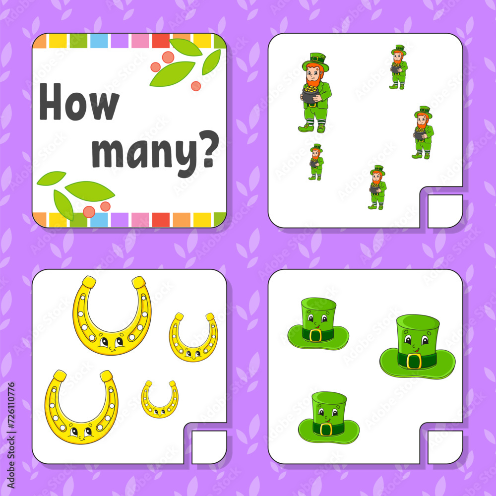 Sticker Counting game for children. Happy characters. Learning mathematics. How many object in the picture. Education worksheet. With space for answers. Vector illustration.