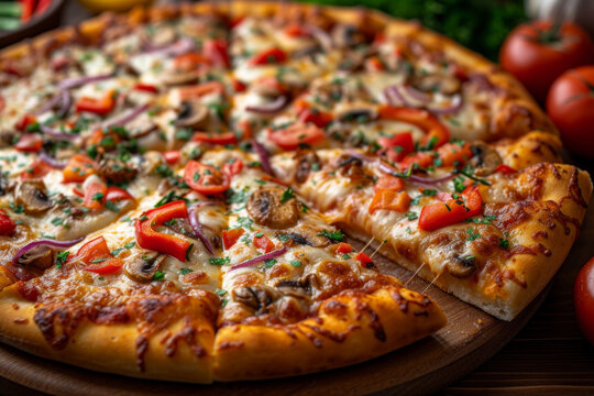 close-up of a deluxe vegetarian pizza with a variety of fresh toppings, cheese melted to perfection, on a wooden board
