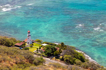 Diamond Head Lighthouse on the coast of Oahu, Hawaii, facing the Pacific Ocean