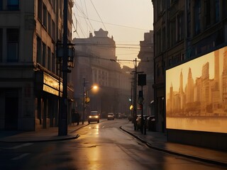 Fototapeta na wymiar Golden Hour Cityscape: Urban Street with Historic Architecture and Billboard