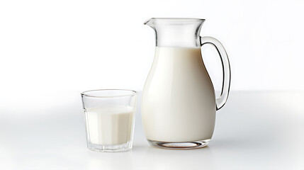 Filled Milk Jug and Glass, isolated on white background, Product Mockup for dairy Marketing, Refreshing Beverage.