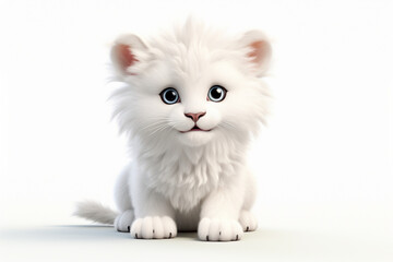 White Lion cub on a white background. Adorable 3D cartoon animal portrait.